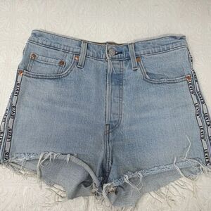 Levi’s 501 Blue Denim High Rise Logo Side Tape Frayed Hem Cut-Off Shorts Size 28